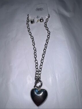 Silver Puff Heart Pendant Necklace and Earring Set